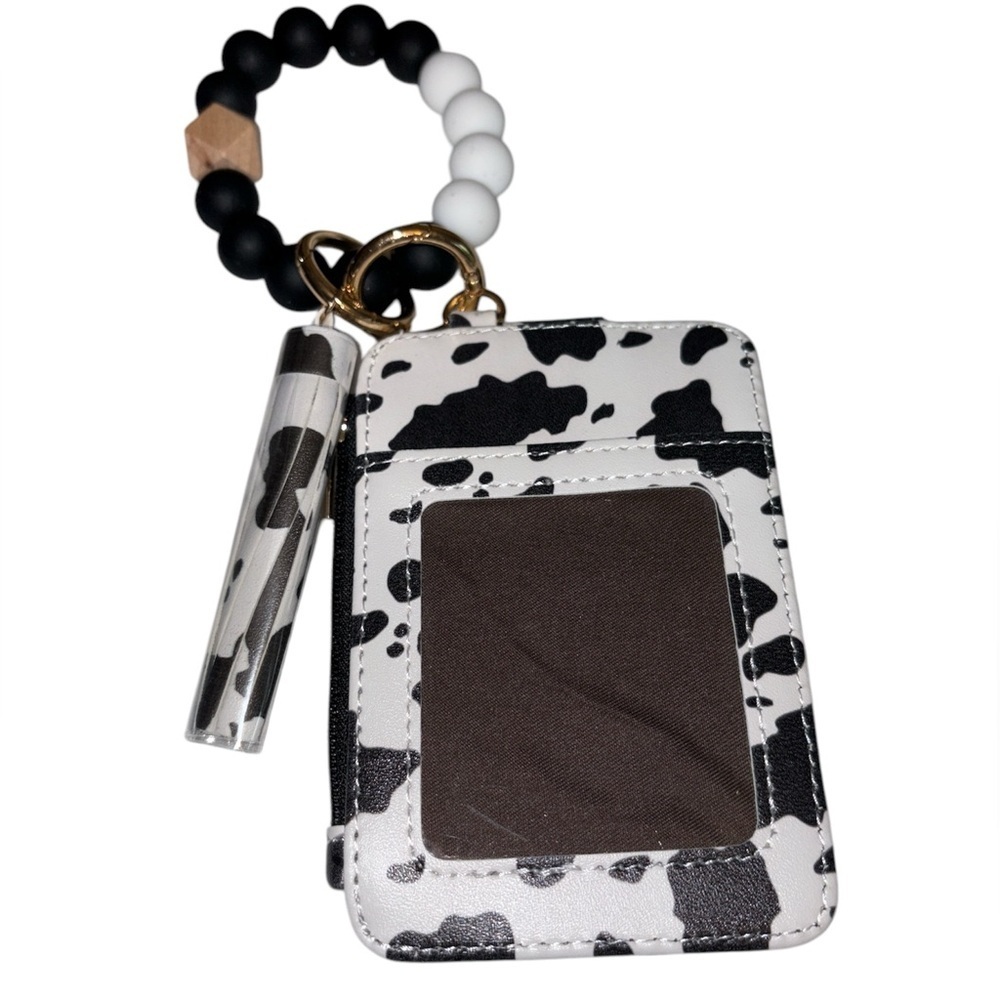 Cowhide print silicone beaded wristlet ID holder lightweight detach wallet New